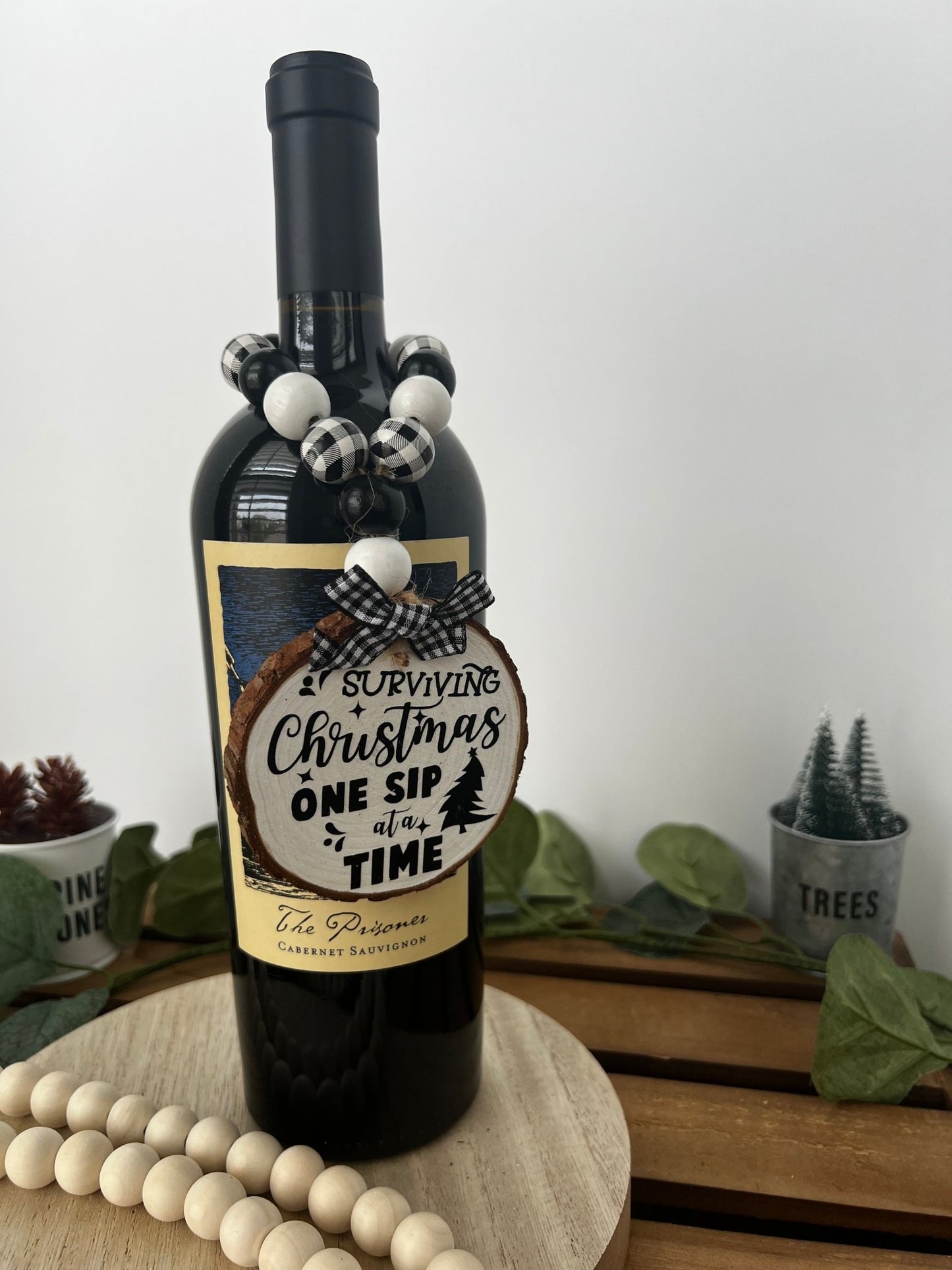 Wine Bottle Hang Tag with Wood Bead - Surviving Christmas One Sip at a Time - ChambrayandSandCustomGifts