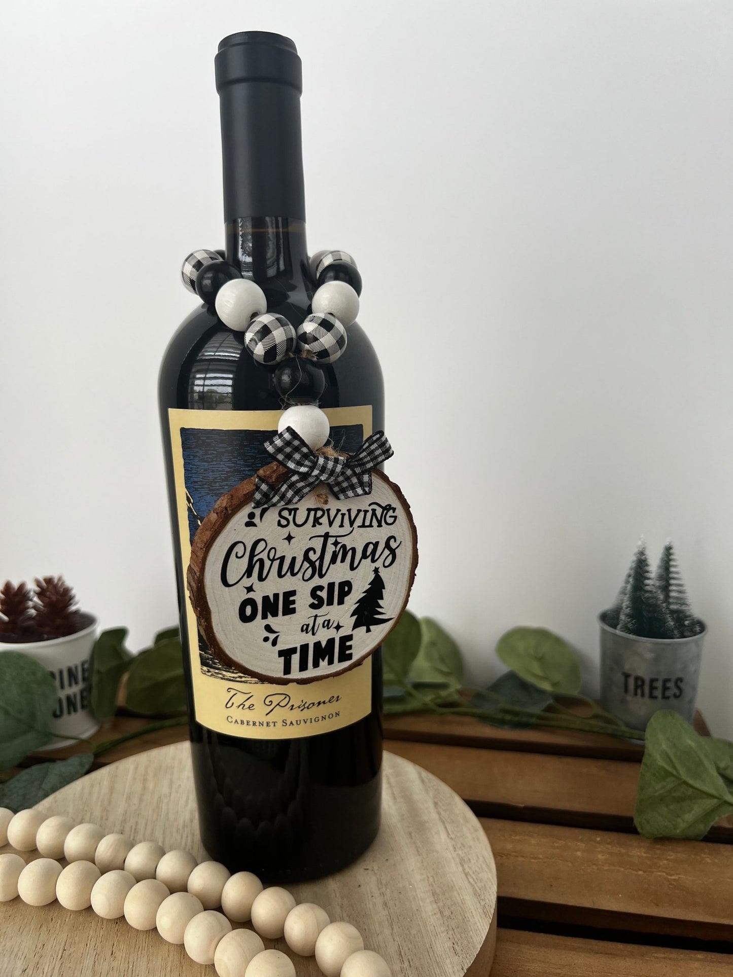 Wine Bottle Hang Tag with Wood Bead - Surviving Christmas One Sip at a Time - ChambrayandSandCustomGifts