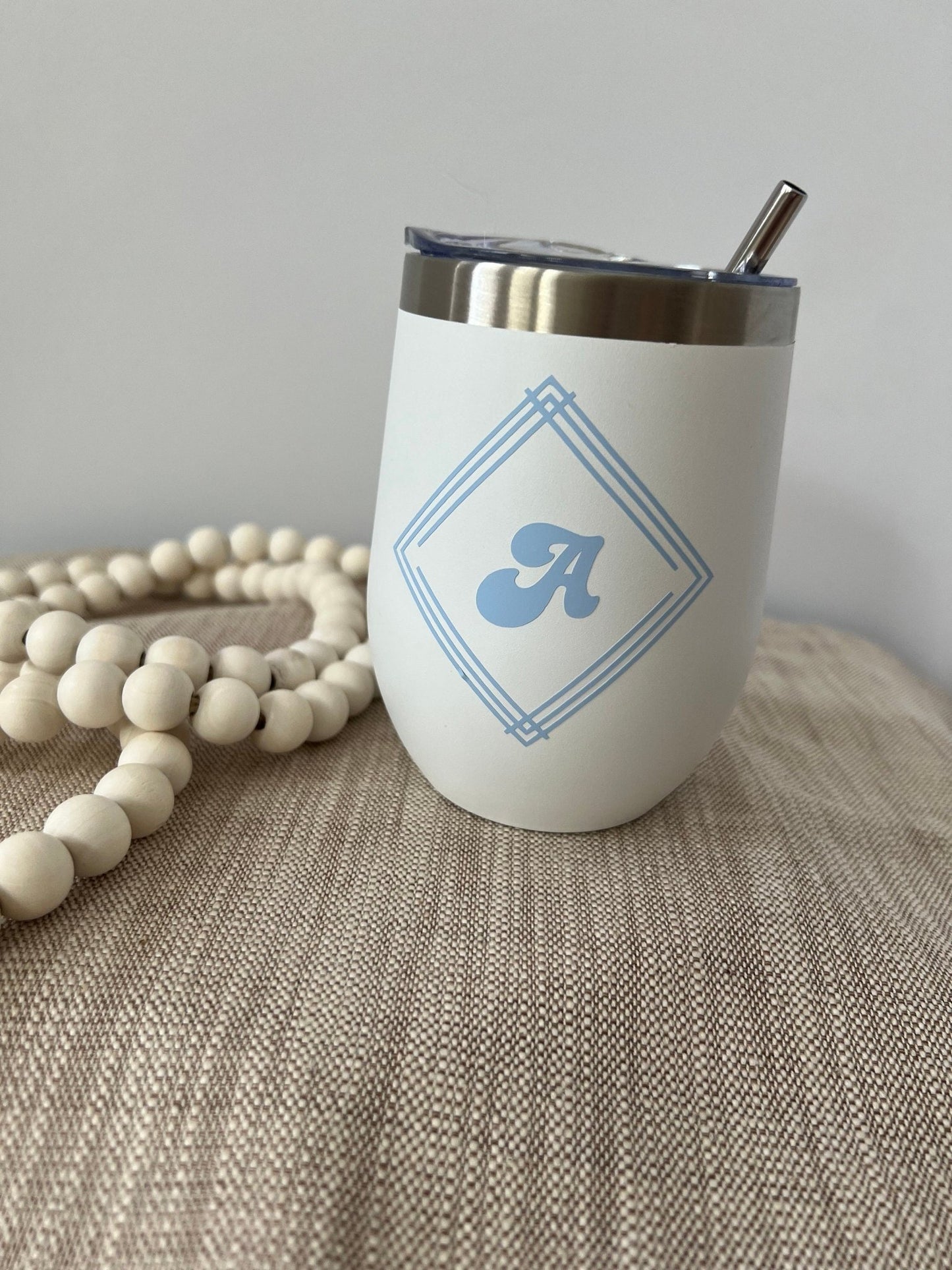 Monogram with trendy detailing custom made 12oz double insulated wine tumbler - ChambrayandSandCustomGifts