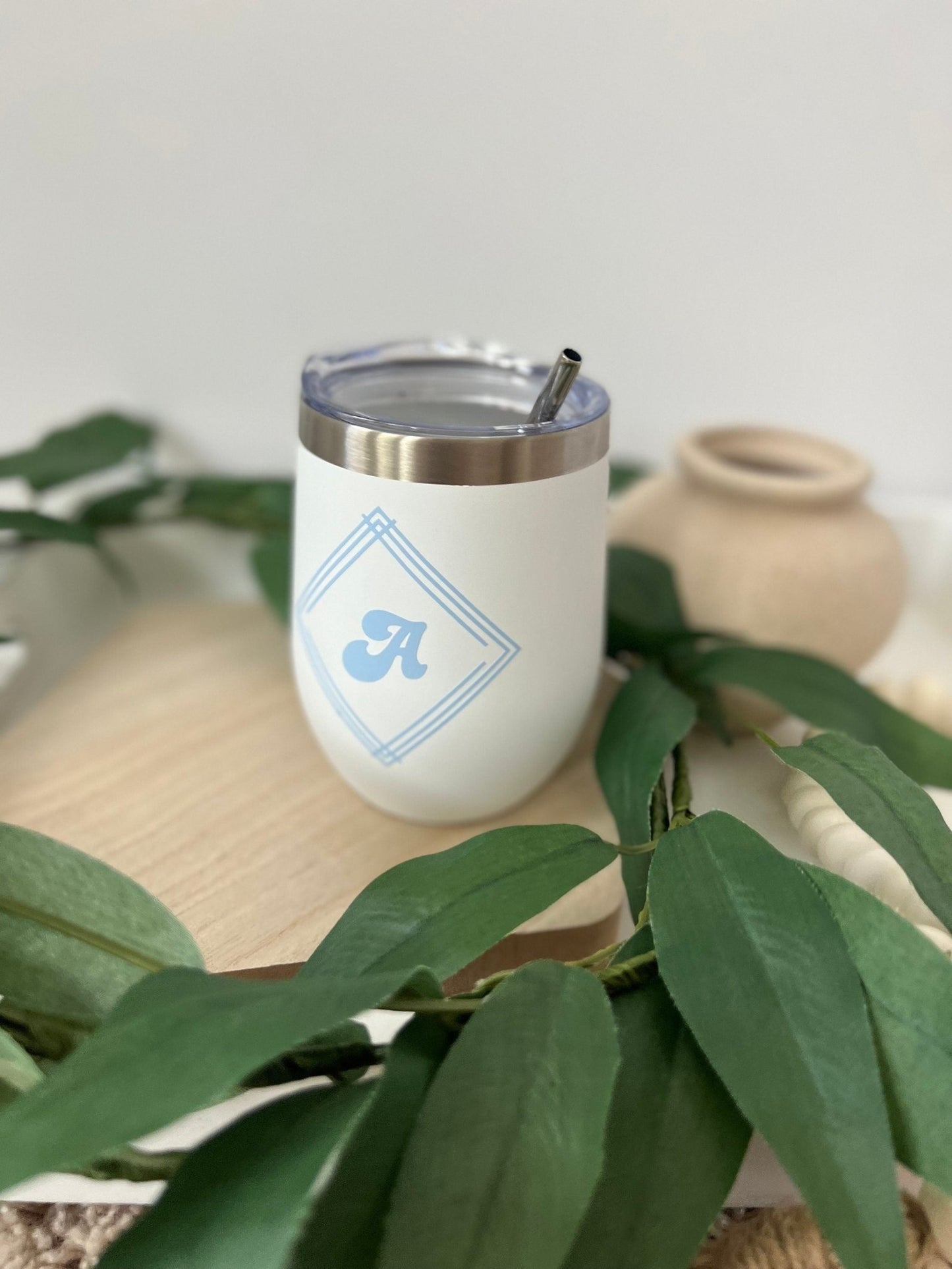 Monogram with trendy detailing custom made 12oz double insulated wine tumbler - ChambrayandSandCustomGifts