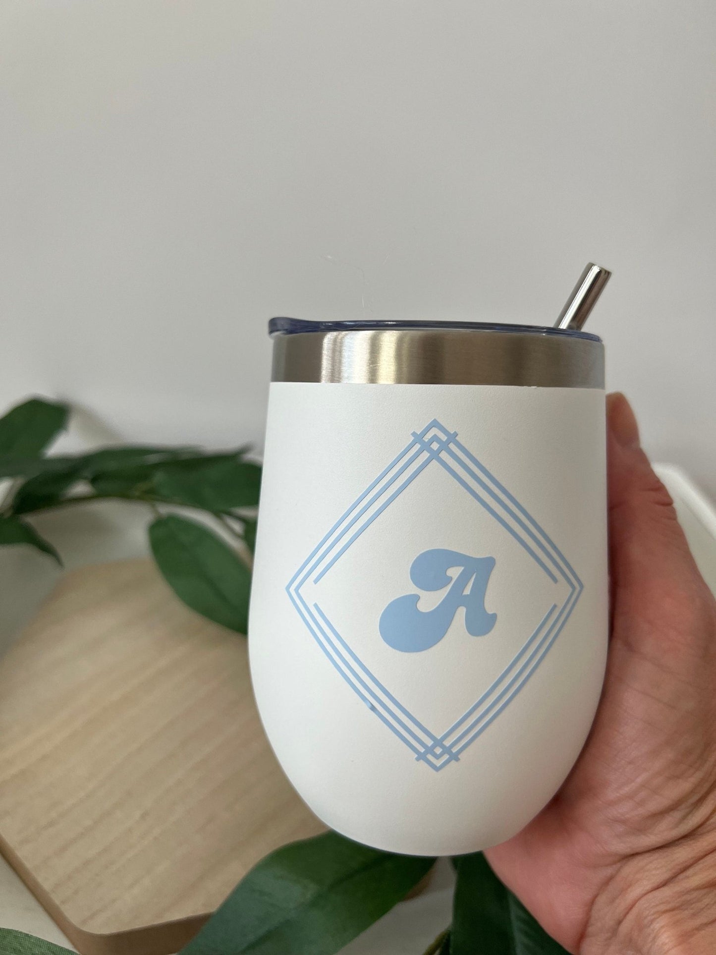 Monogram with trendy detailing custom made 12oz double insulated wine tumbler - ChambrayandSandCustomGifts
