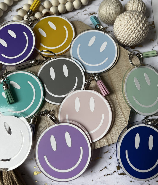 Acrylic Smiley Keychain | Backpack Acrylic Smiley Tag| 3 inch round smiley keychain - ChambrayandSandCustomGifts