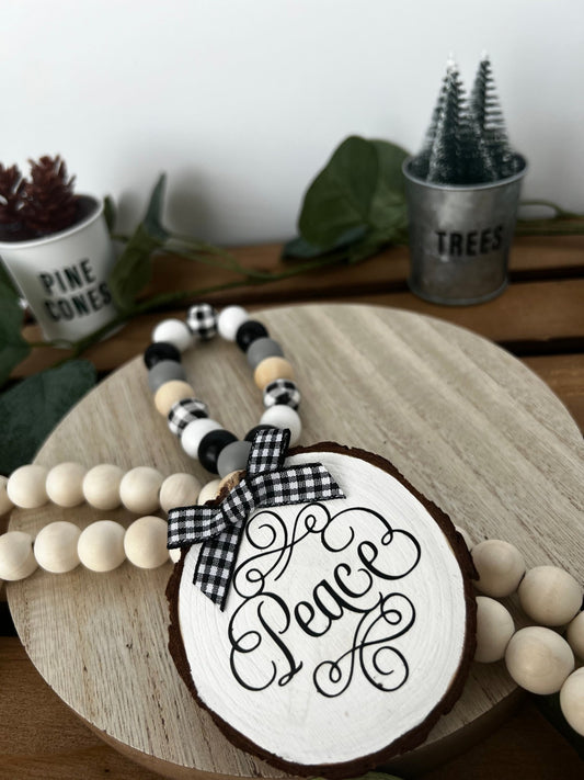 Handcrafted Wine Bottle Hang Tag with Wood Bead - Peace, Joy or Noel - ChambrayandSandCustomGifts