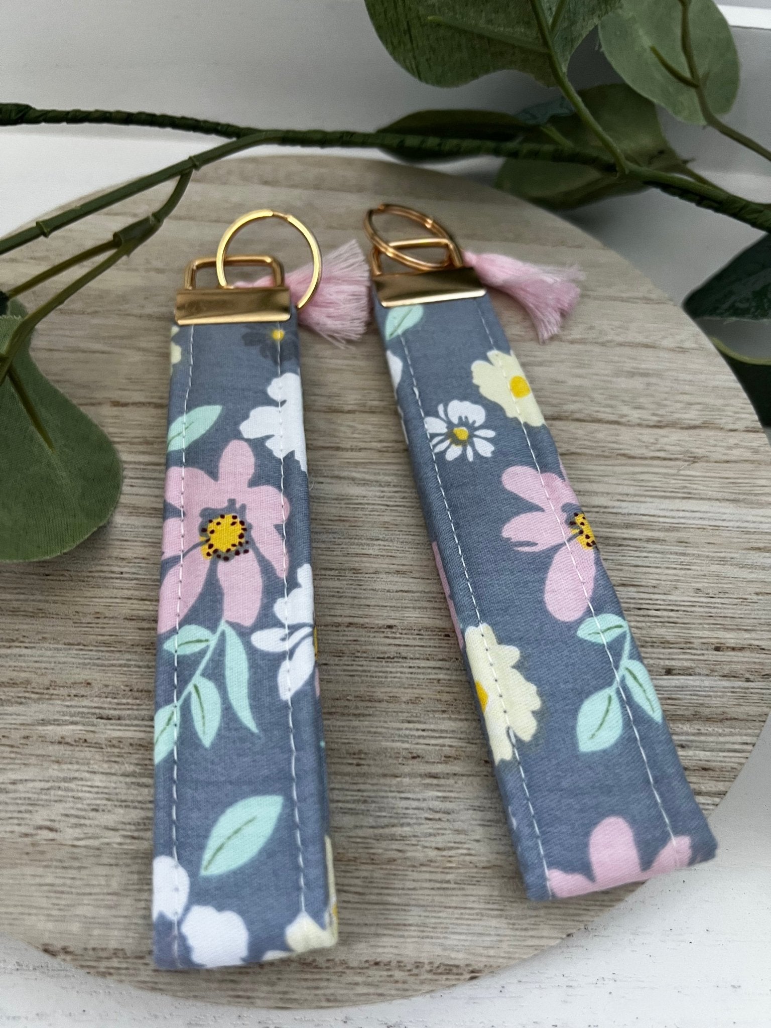 Key Fob Wristlet | Handmade in limited edition fabric blue with flowers| cotton quilted wristlet - ChambrayandSandCustomGifts