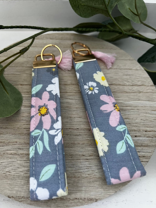 Key Fob Wristlet | Handmade in limited edition fabric blue with flowers| cotton quilted wristlet - ChambrayandSandCustomGifts