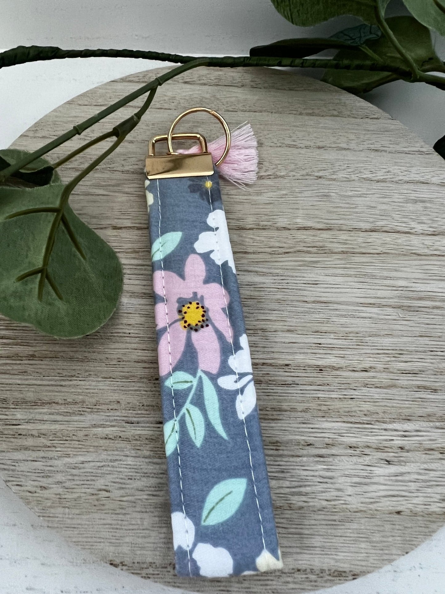 Key Fob Wristlet | Handmade in limited edition fabric blue with flowers| cotton quilted wristlet - ChambrayandSandCustomGifts