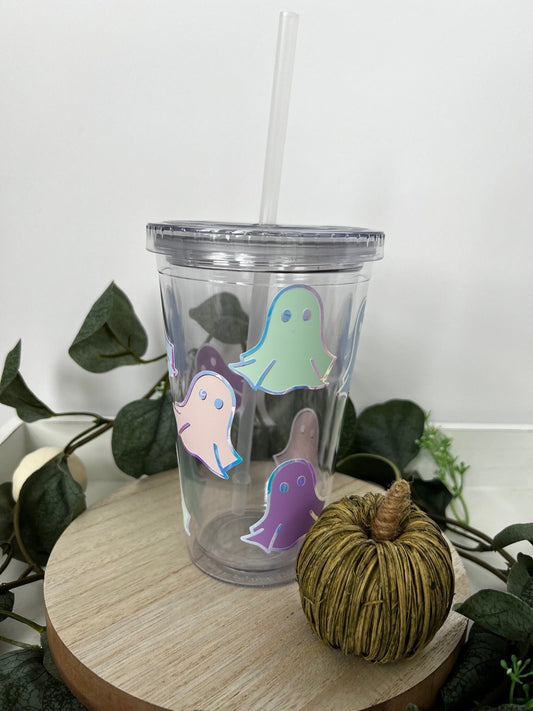 Pastel and Metallic Ghost Insulated Tumbler with Straw Trick or Treat Pastel Insulated Cup - ChambrayandSandCustomGifts