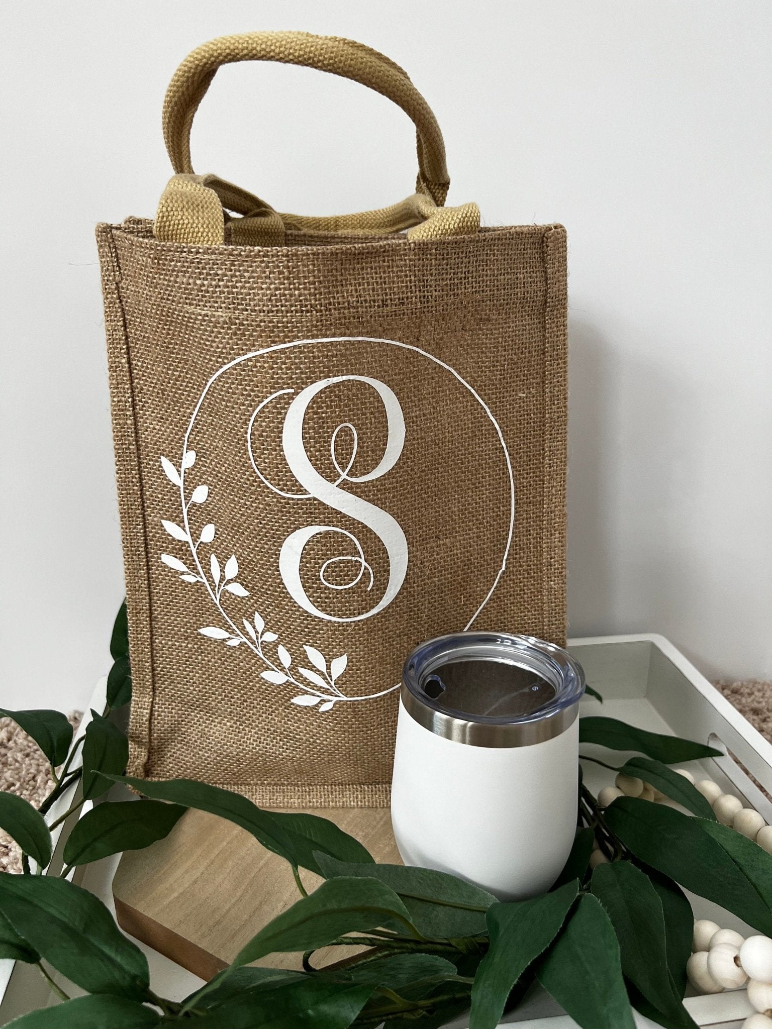 Personalized Burlap Tote with Initial and Wreath Detailing