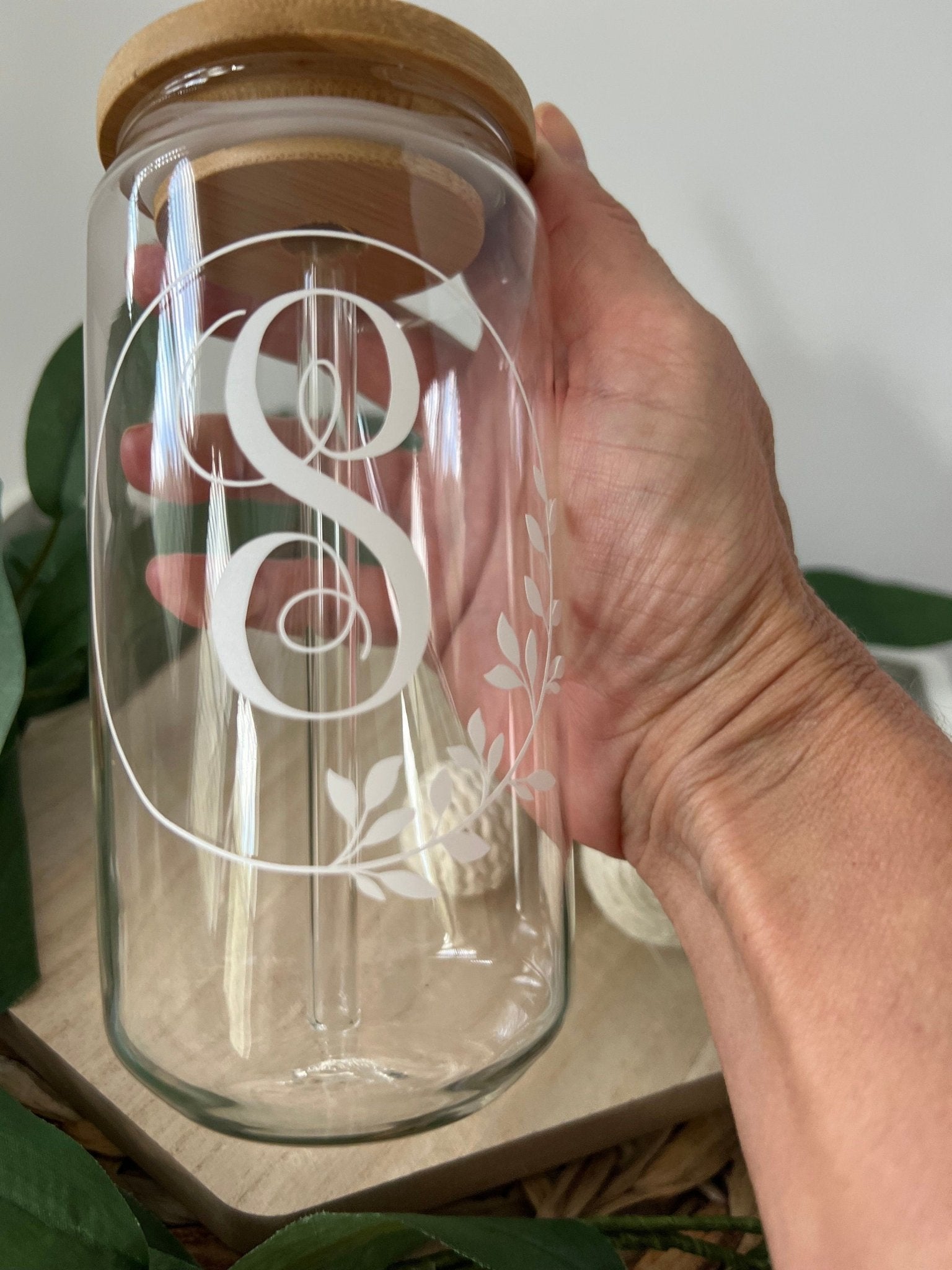 Personalized Initial 16oz Glass Can Cup with Bamboo Lid