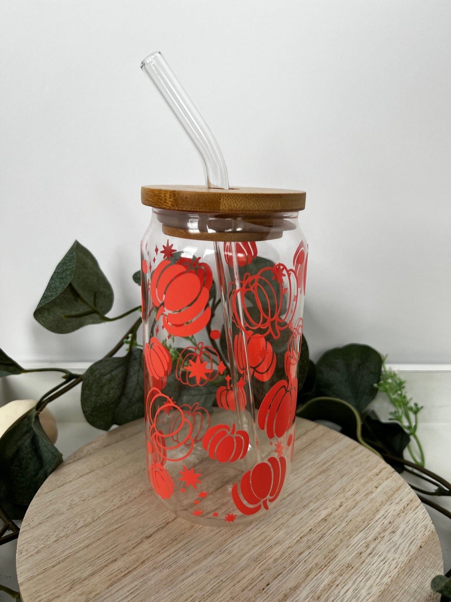 Pumpkin and Vine Beer Can Glass with Bamboo Lid and Glass Straw - ChambrayandSandCustomGifts