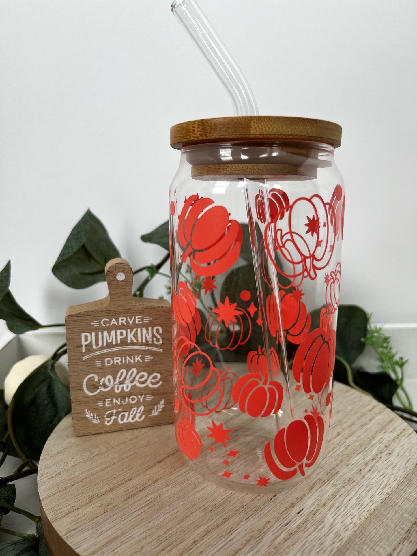 Pumpkin and Vine Beer Can Glass with Bamboo Lid and Glass Straw - ChambrayandSandCustomGifts