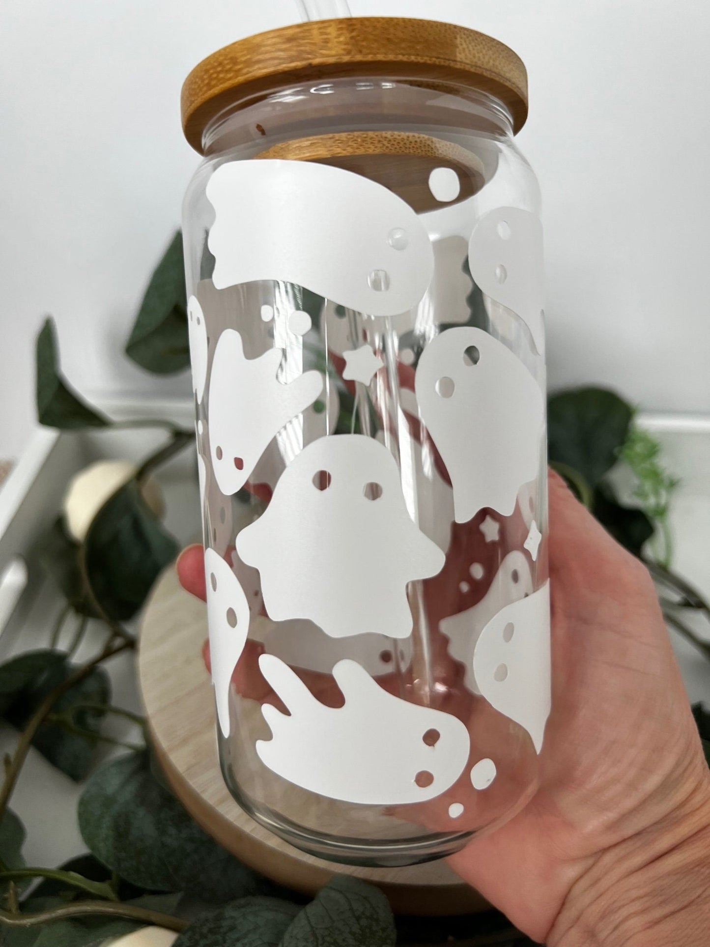 White Ghost Beer Can Glass with Bamboo Lid and Glass Straw - ChambrayandSandCustomGifts