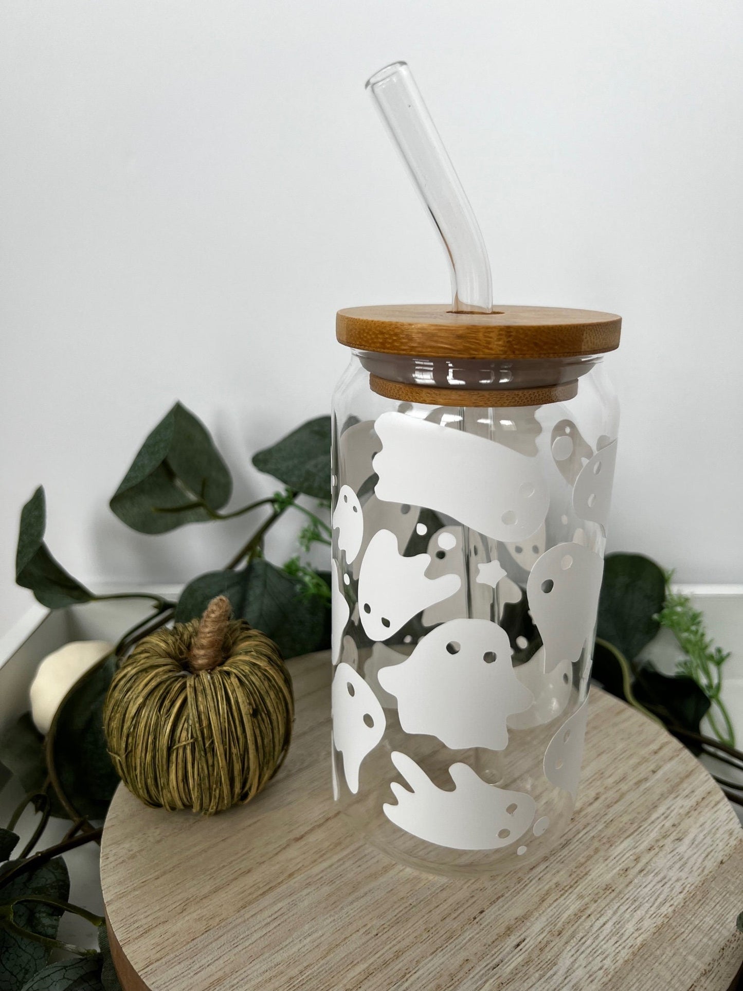 White Ghost Beer Can Glass with Bamboo Lid and Glass Straw - ChambrayandSandCustomGifts