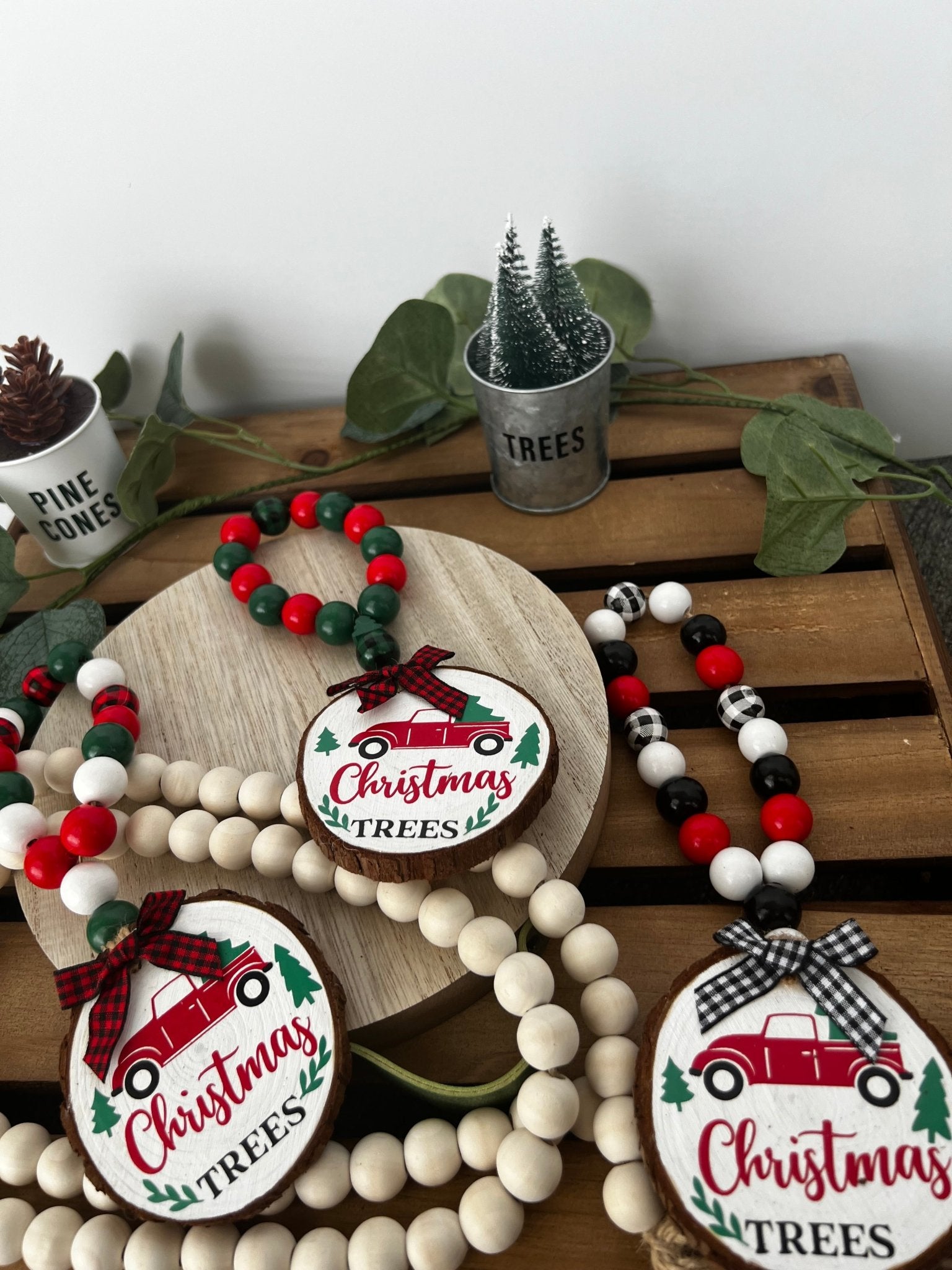 Wine Bottle Gift Hang Tag with Wood Bead - Iconic Red Truck Christmas Tree - ChambrayandSandCustomGifts