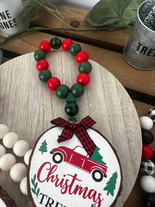Wine Bottle Gift Hang Tag with Wood Bead - Iconic Red Truck Christmas Tree - ChambrayandSandCustomGifts