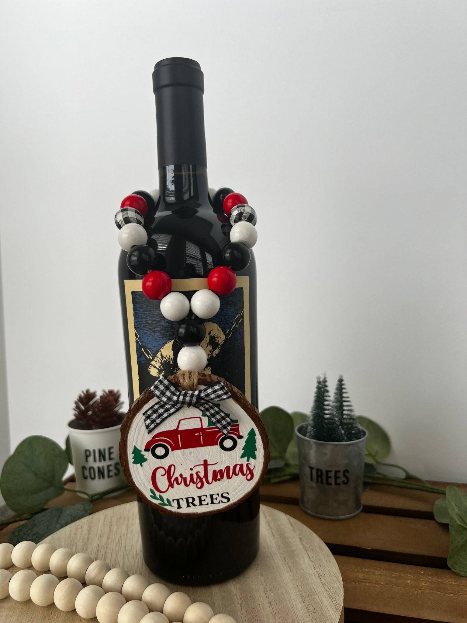 Wine Bottle Gift Hang Tag with Wood Bead - Iconic Red Truck Christmas Tree - ChambrayandSandCustomGifts