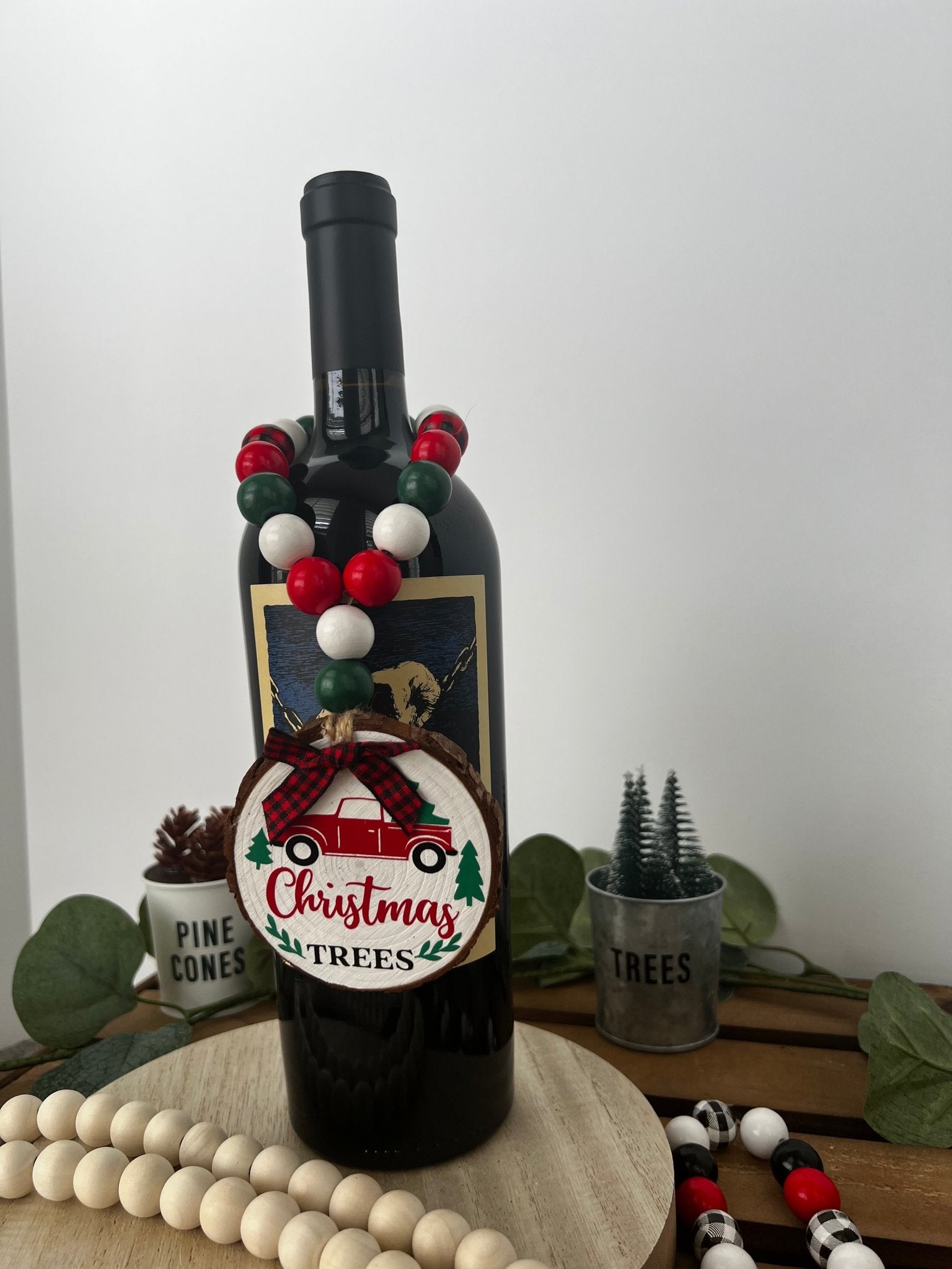 Wine Bottle Gift Hang Tag with Wood Bead - Iconic Red Truck Christmas Tree - ChambrayandSandCustomGifts