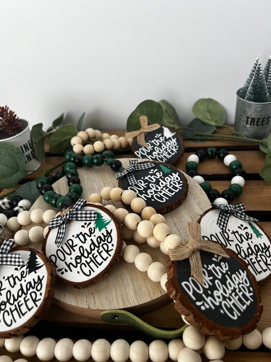 Wine Bottle Gift Hang Tag with Wood Bead - Pour the Holiday Cheer - ChambrayandSandCustomGifts