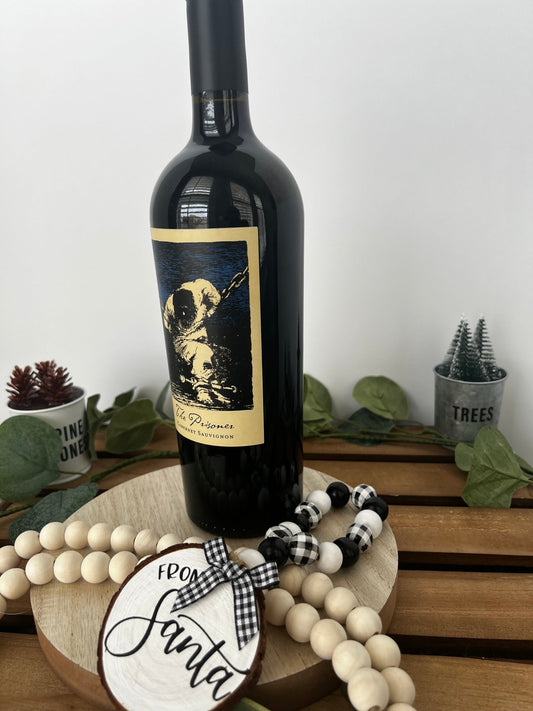 Wine Bottle Hang Tag with Wood Bead - Santa Detail - ChambrayandSandCustomGifts