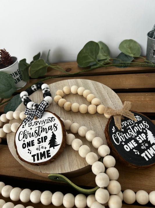 Wine Bottle Hang Tag with Wood Bead - Surviving Christmas One Sip at a Time - ChambrayandSandCustomGifts